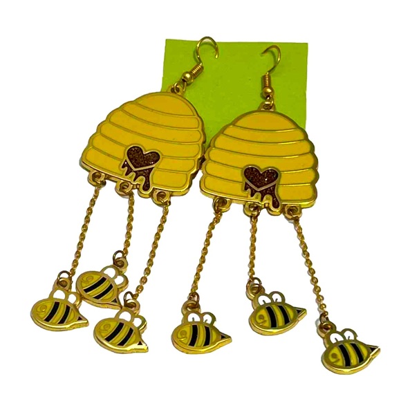 Jewelry - Honey Bee Hive Heart Dangle Earrings Gold Tone Bumblebee Glitter Hook Closure